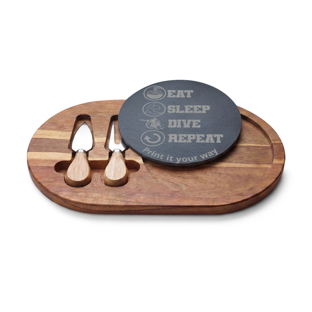 Eat Sleep Dive Personalized Engraved Charcuterie Board with Cheese Utensils