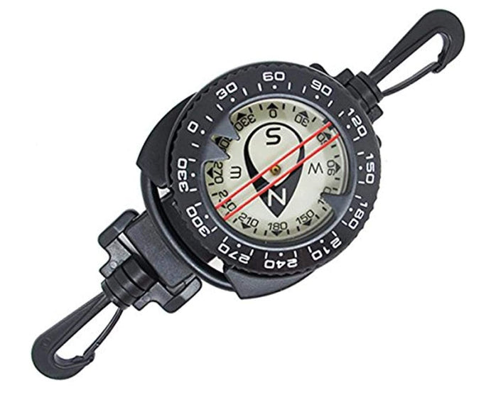 Full size side-view oil-filled dive compass on stainless steel retractor
