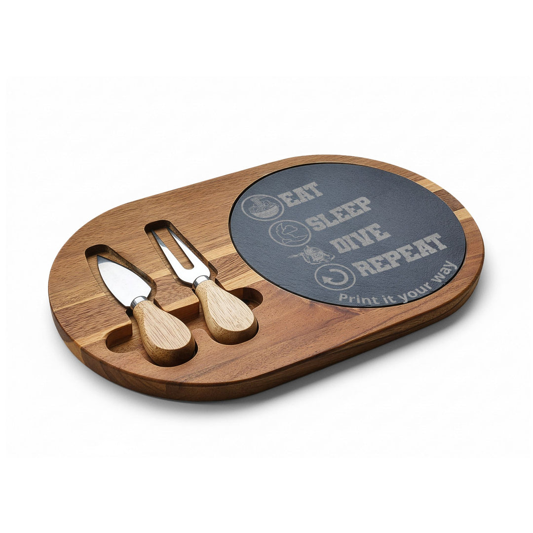 Eat Sleep Dive Personalized Engraved Charcuterie Board with Cheese Utensils