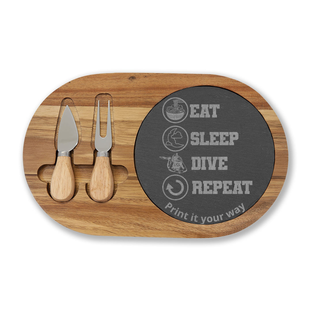 Eat Sleep Dive Personalized Engraved Charcuterie Board with Cheese Utensils