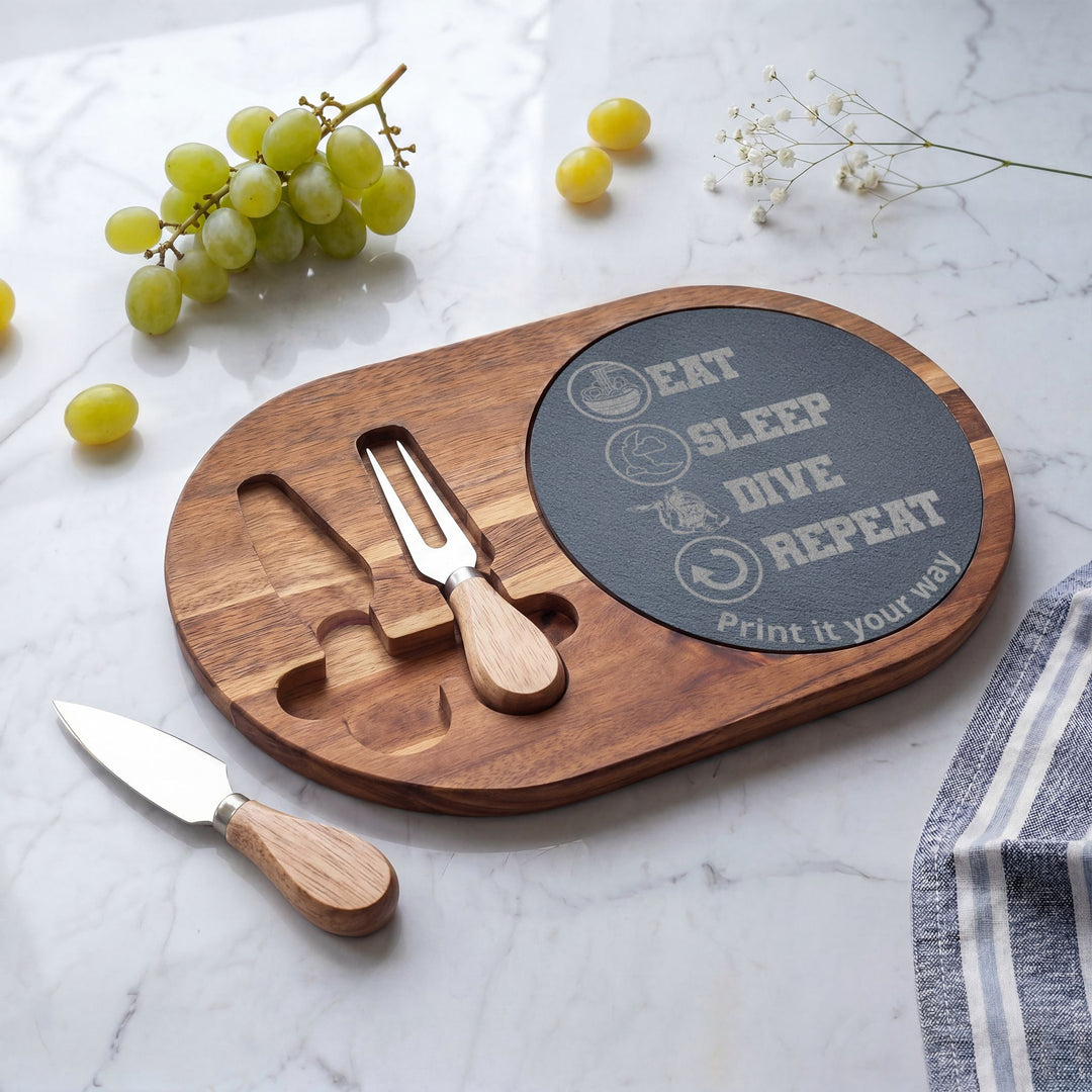 Eat Sleep Dive Personalized Engraved Charcuterie Board with Cheese Utensils
