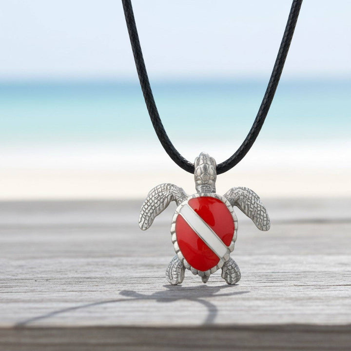 Hawksbill Sea Turtle Necklace Pendant with Dive Flag – Diver’s Collection - Pewter