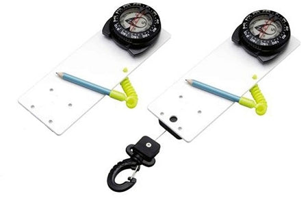 Dive slate with full size oil-filled compass and stainless steel retractor