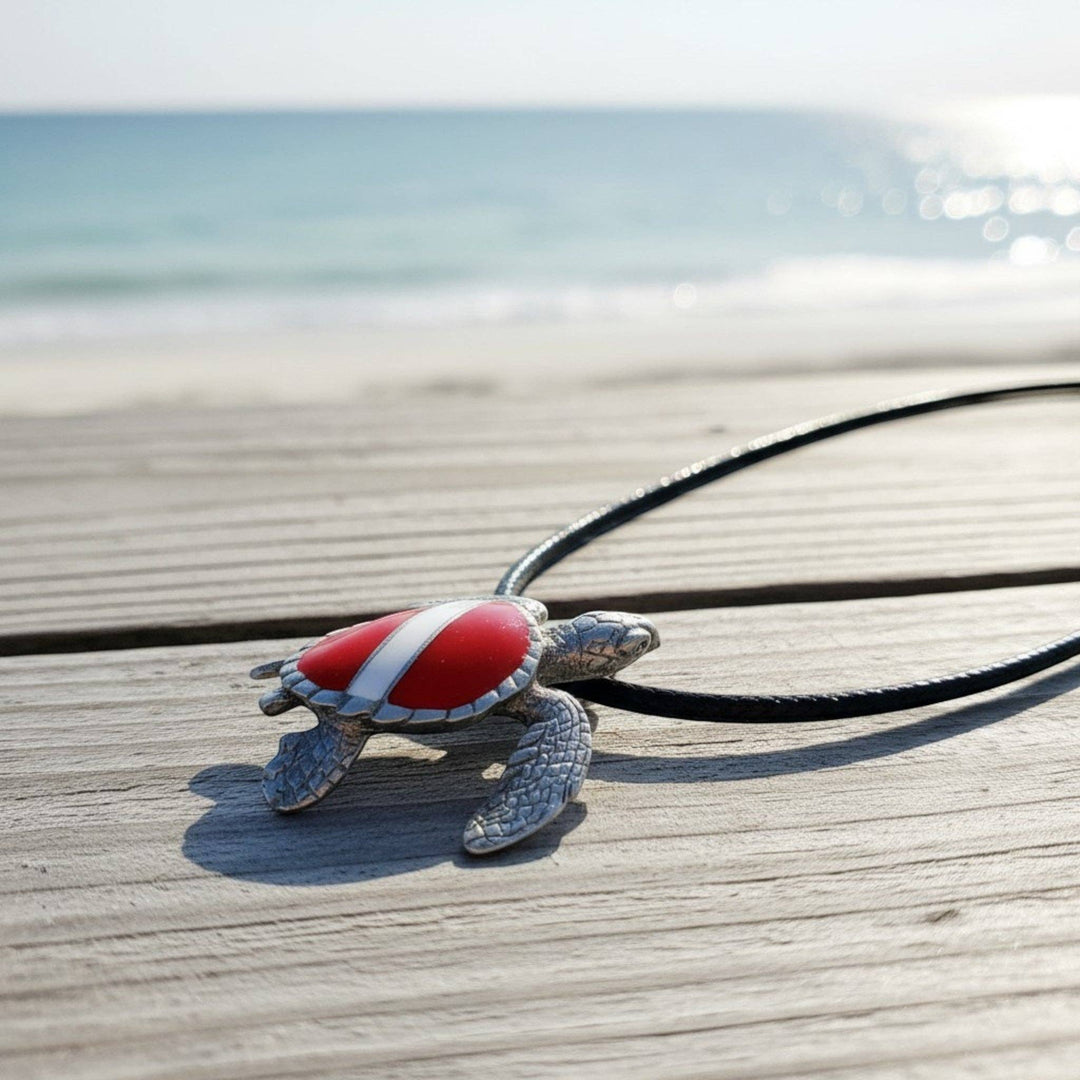 Hawksbill Sea Turtle Necklace Pendant with Dive Flag – Diver’s Collection - Pewter