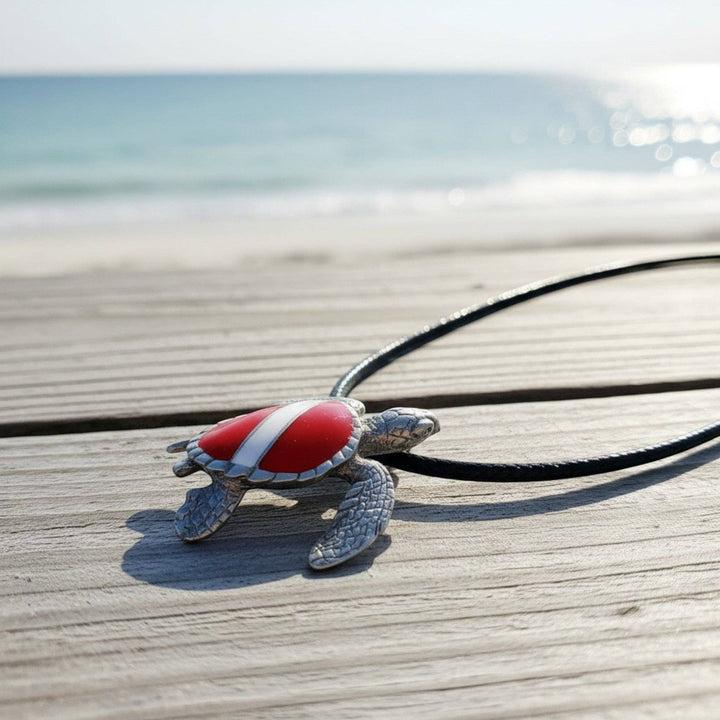 Hawksbill Sea Turtle Necklace Pendant with Dive Flag – Diver’s Collection - Pewter