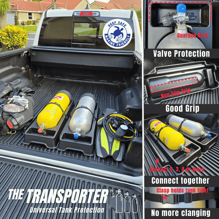 Aquatic Hunt Transporter holding scuba tanks in a truck bed