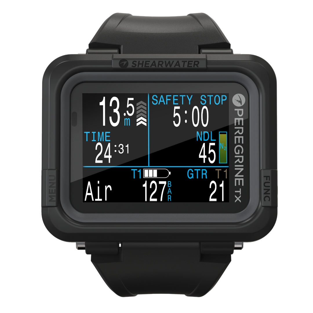 Shearwater Peregrine TX air-integrated dive computer with full-color display, front view