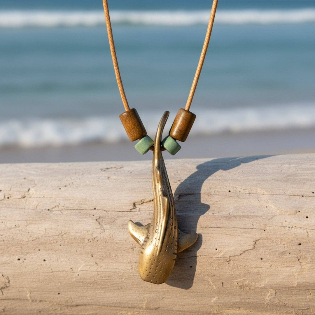 Whale Shark Necklace – Shoreline Collection - Bronze with Mykonos Beads on Cotton Cord