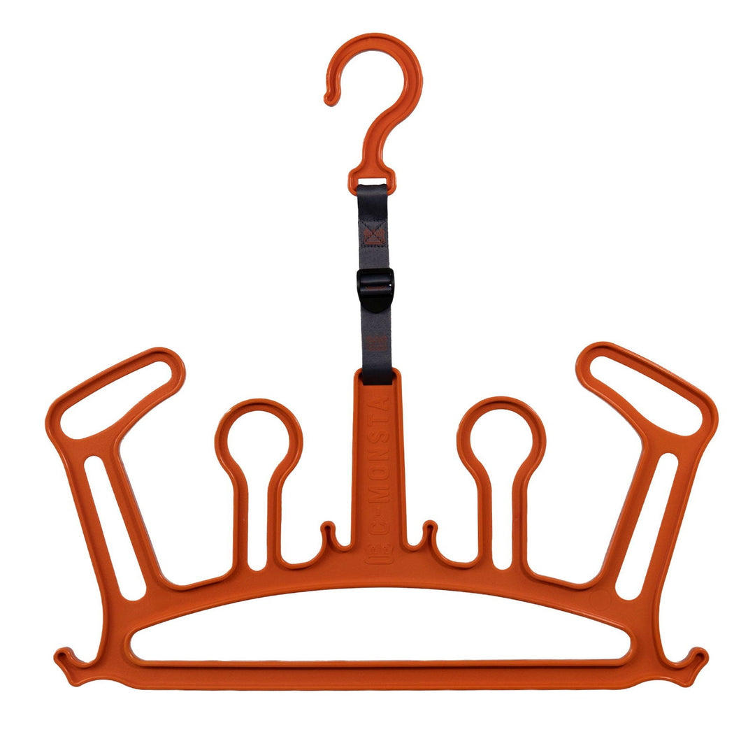 C-Monsta Wetsuit Hanger V2 in orange holding a wetsuit, gloves, and boots