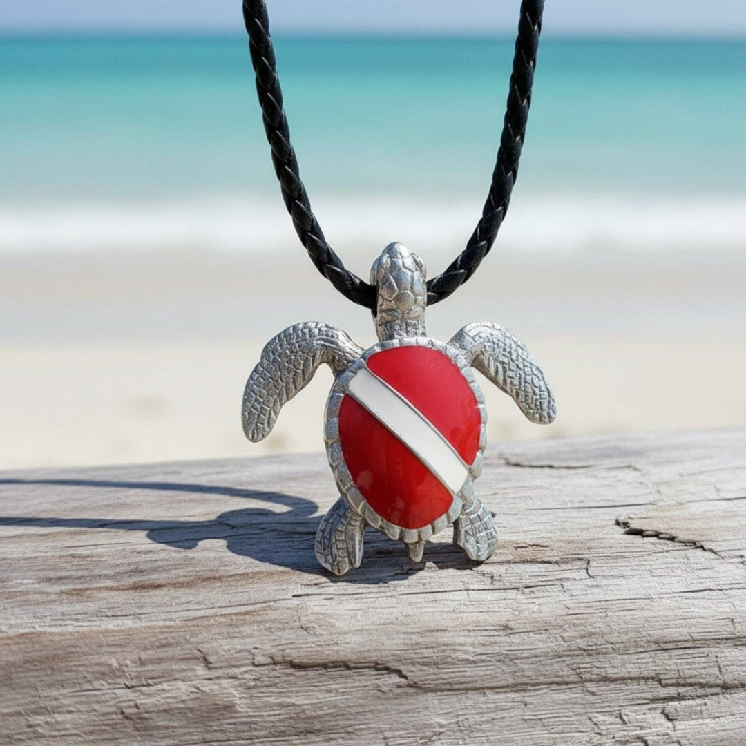 Hawksbill Sea Turtle Necklace Pendant with Dive Flag – Diver’s Collection - Pewter