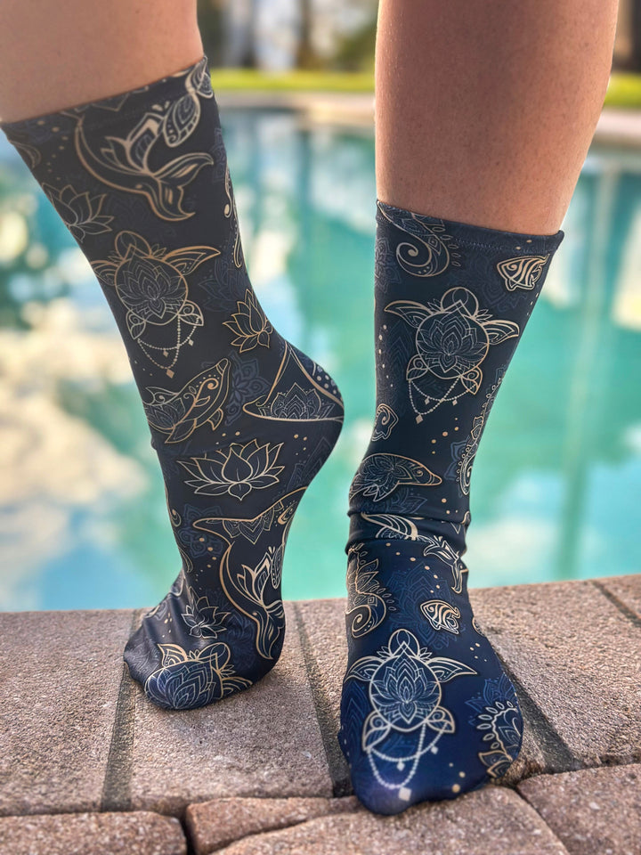 Ocean Mandala Dive Socks worn on deck