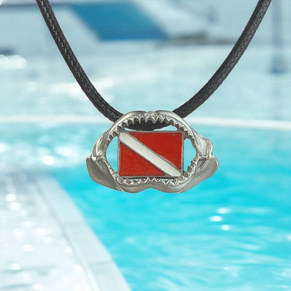 Shark jaw and dive flag pewter necklace pendant detail