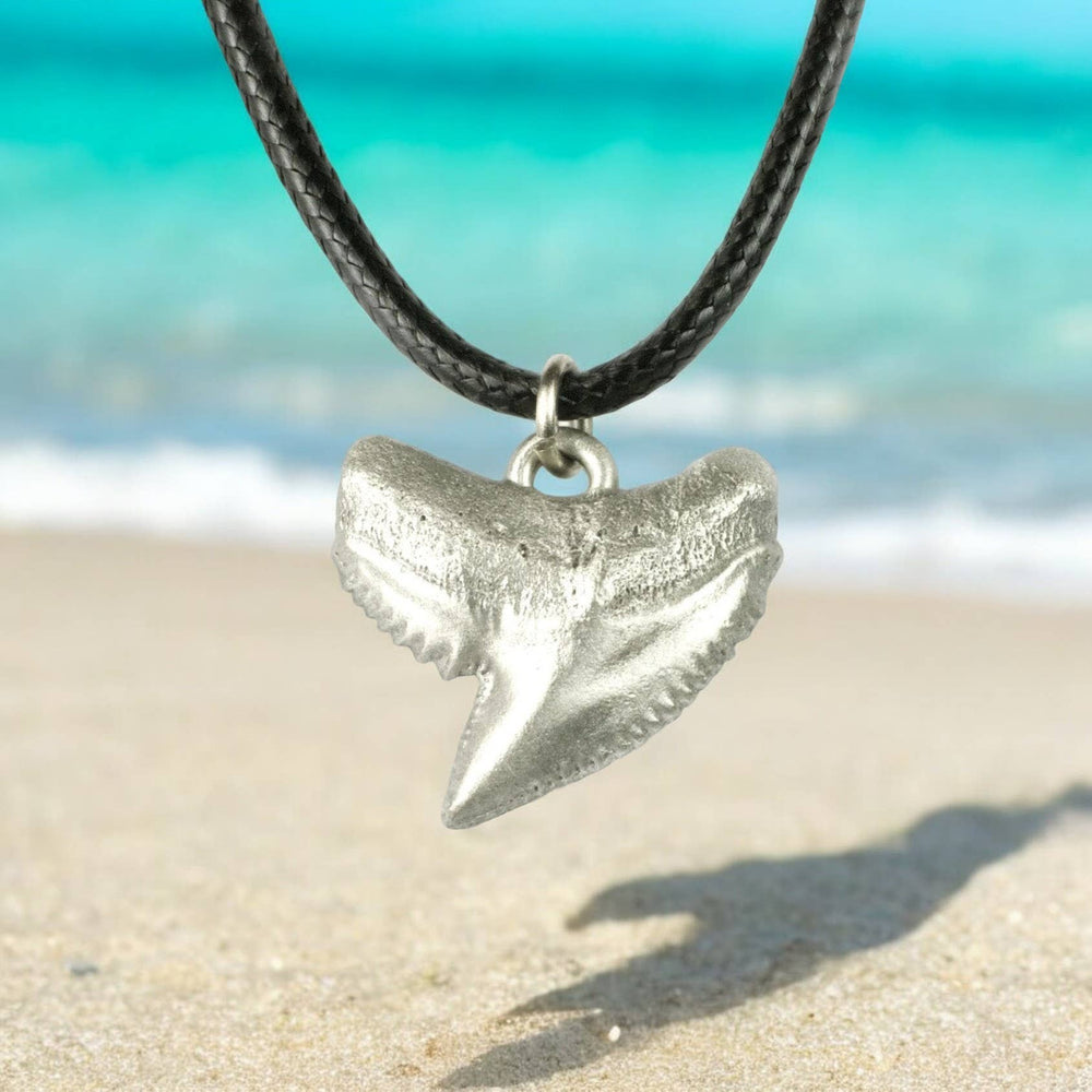 Roland St John pewter shark tooth necklace cord and pendant detail