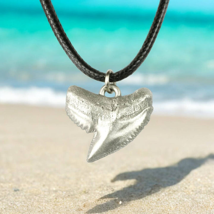 Roland St John pewter shark tooth necklace cord and pendant detail