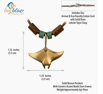 Manta Ray Bronze Necklace with Beads 20"