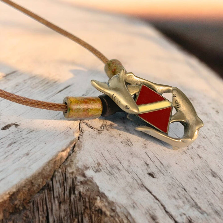 Shark Diver Circling Sharks Bronze Necklace w/Beads: 20"