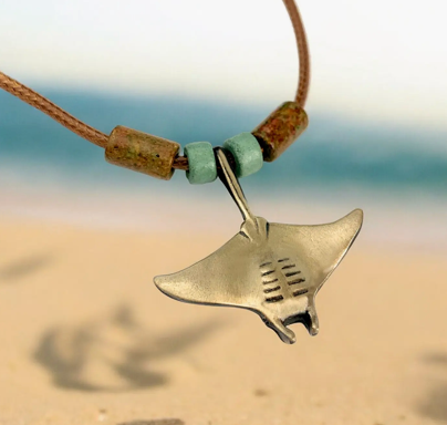 Manta Ray Bronze Necklace with Beads 20"