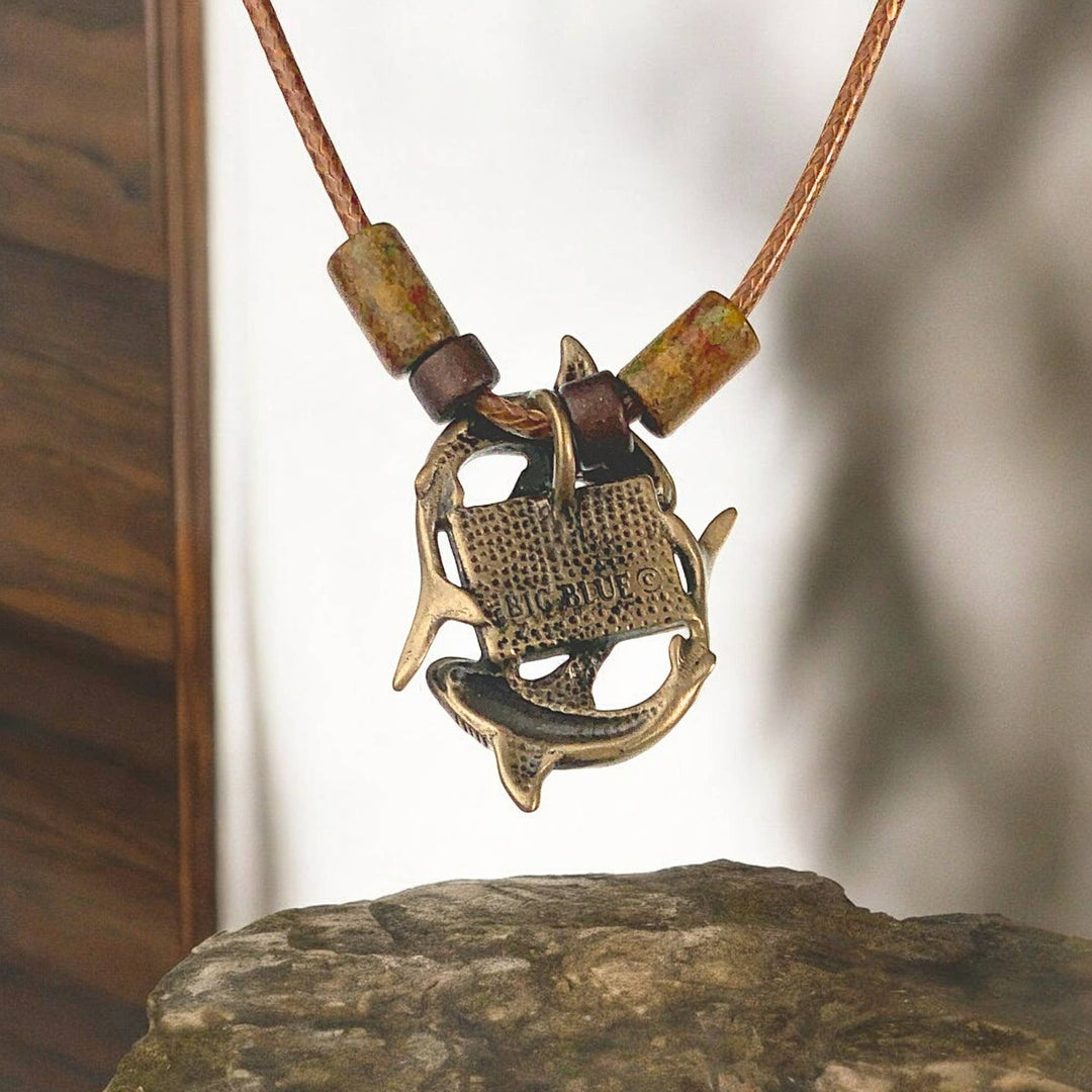 Shark Diver Circling Sharks Bronze Necklace w/Beads: 20"