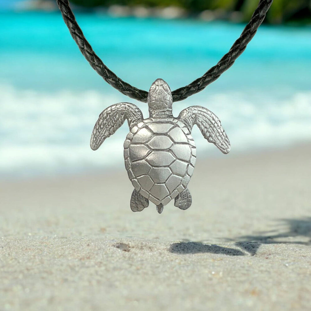 Sea turtle pewter necklace pendant and chain detail